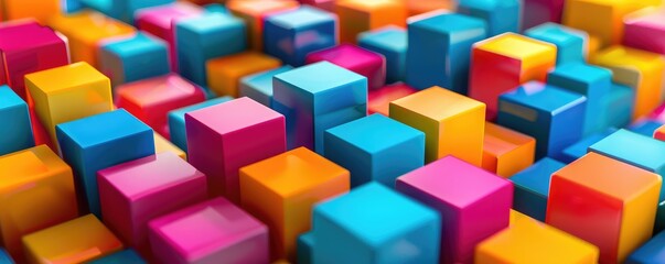 Vibrant 3D cubes in a colorful array. banner