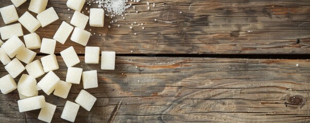 Sugar cubes scattered on a wooden surface. copy space for text. - Powered by Adobe