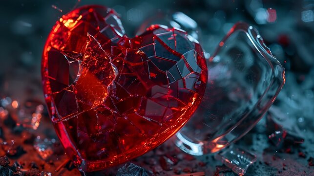 broken glass heart abstract background, painful feelings and emotions concept, break up and divorce, separation and breakup