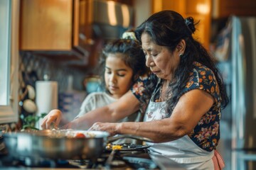 Latina Grandmother Cooking Traditional Dish with Granddaughter. Everyday Moment.