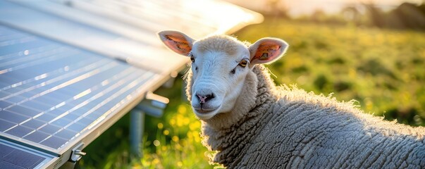 sheep grazing in a field contrasts with the solar panels in the background, symbolizing...