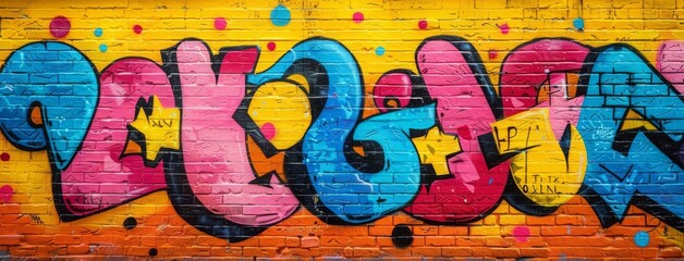 Vibrant colors come alive in this street art mural, expressing the artists creativity through a mix of text and graffiti. Full Frame.	