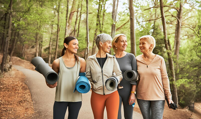 Group of women enjoying a nature walk with yoga mats