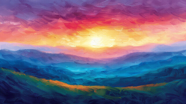 Vibrant landscape painting colorful sunset