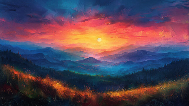 Vibrant landscape painting at sunset
