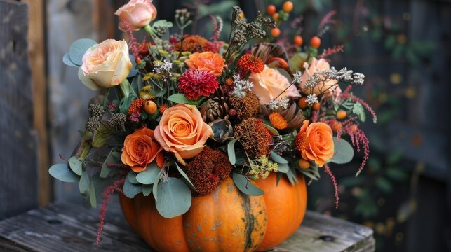 An intriguing floral arrangement featuring a bouquet of flowers arranged in a pumpkin vase creates a unique and captivating concept The view from the top adds an interesting background elem