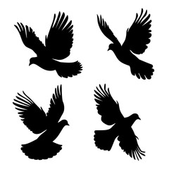 Four black silhouettes of flying birds