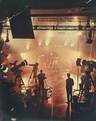 Vintage sepia indoor photograph of an early movie set with spotlights cameras and actors in silhouette. From the series �Lightbox.�