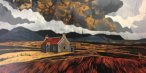 Stylized outdoor color linocut of a stone cottage in the Scottish Highlands, Meadows and cloudy skies, autumn colors. From the series �Golden Age.�