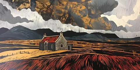 Rolgordijnen zonder boren Stylized outdoor color linocut of a stone cottage in the Scottish highlands, meadows and cloudy skies, autumn colors. From the series �Golden Age.� © Mark W Geiger