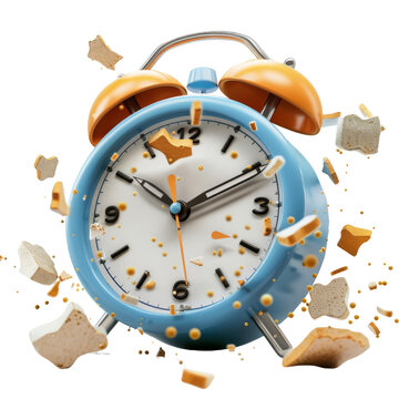 3D rendering of a blue alarm clock with orange accents. The clock is shattering into many pieces.