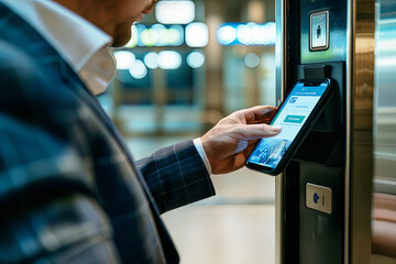 Businessman using his smartphone at a digital touchscreen kiosk in a modern station.