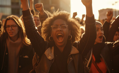 Obraz premium Euphoric Woman Celebrates With a Raised Fist at a Lively Sunshine-Filled Outdoor Event. Students protests
