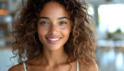Fototapeta premium Beauty portrait of African American girl with clean healthy skin on beige background. Smiling dreamy beautiful black woman.Curly hair in afro style