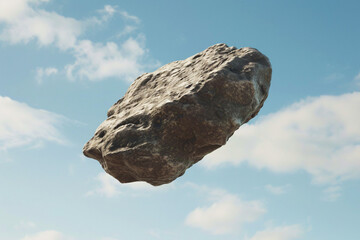 gray jagged rock suspended in the air against a bright blue sky with clouds