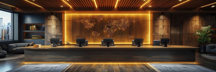 Ambient lit brokerage firm office with screens showing a global map of financial markets in live time.
