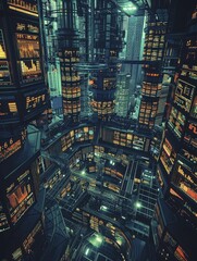 Aerial view inside a stock exchange with traders moving quickly between illuminated, color coded stations.