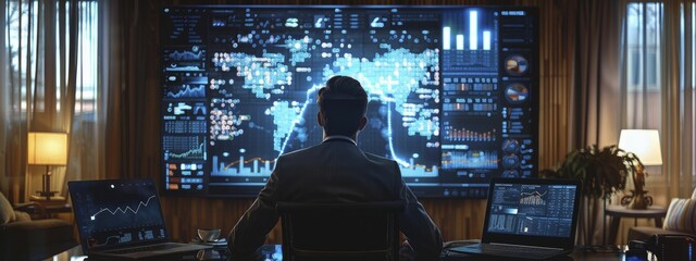 A successful entrepreneur studies a massive interactive stock chart on the wall of his futuristic private office at home.