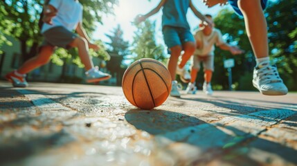 A group of children playing basketball on a court
