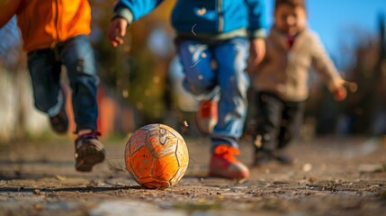 Three children are playing soccer on a dirt field