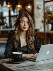A woman is sitting at a table with a laptop and a cup of coffee