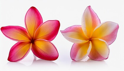 Fototapeta na wymiar two pink and yellow frangipani plumeria flowers with isolated petals in png isolated on transparent background