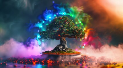 A chromatic portrait of a bonsai tree with a halo of vibrant, mystical lights.