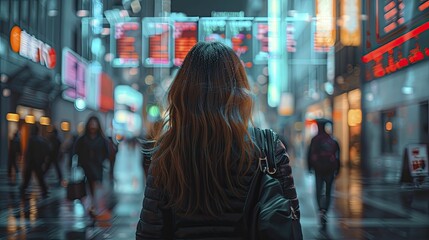 Amidst the city's hustle, holographic financial indicators surround a dynamic businesswoman as she strides through the bustling urban center.