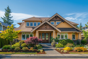 A front view of a striking goldenrod craftsman cottage style home,