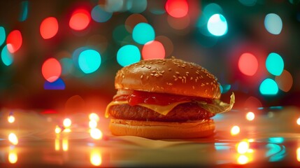 A hamburger bathed in a spectrum of lights, depicted in an otherworldly portrait.