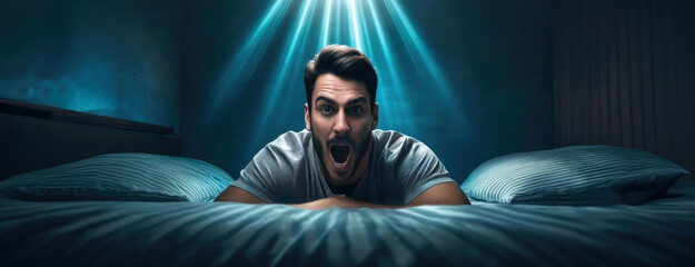 A man expresses shock and awe while lying in bed, bathed in celestial light from above. Male intense emotional reaction.