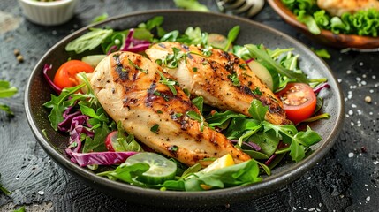 Chicken fillet with salad. Healthy food, keto diet, diet lunch concept. Generative Ai