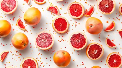 Fresh grapefruits and oranges scattered on a bright background. Vibrant citrus fruits display....