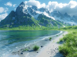 3d illustration of an icelandic beach with green grass and tall mountain in the background, blue sky, clear water, flat design, high resolution, colorful