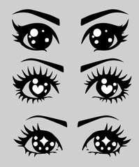 Set of 90's black and white cartoon style eyes on a grey background.