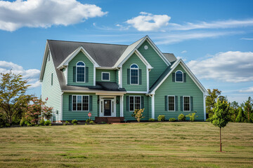 A serene green house with siding on a generous lot in a quiet subdivision, featuring traditional windows and shutters, under a sunny blue sky.