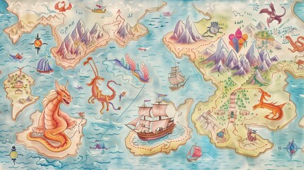 Watercolor map using soft pastels to depict tranquil maritime routes and vibrant mythical creatures around lush islands.