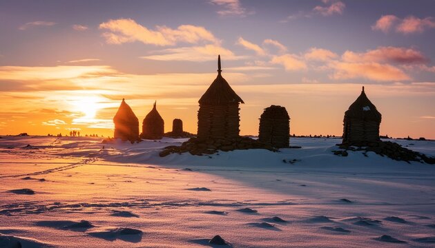 Ancient Allure Of An Arctic Tundra Landscape At Sunset Featuring Icy Expanses And The Silhouette Of Ancient Structures Against The Twilight