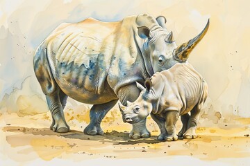 Fototapeta premium Watercolor of a rhinoceros baby with its mother.