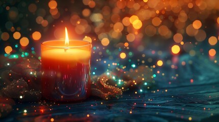 A candle surrounded by multicolored, ethereal lights in a vivid studio portrait.