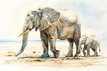 Fototapeta premium Watercolor of an elephant baby with its mother.