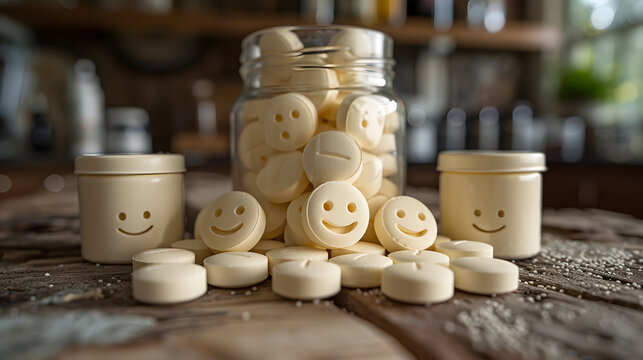 pills with smiley faces and glass bottles in yellow