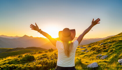 Joyful woman celebrating freedom in mountains at sunset