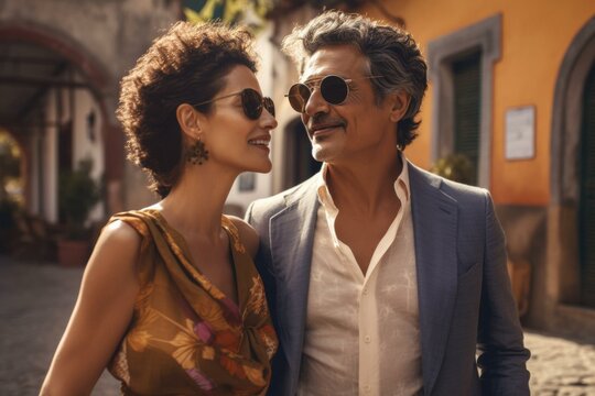Elegant mature couple in a quaint European street, modeling summer chic in warm tones and sunglasses, lifestyle and fashion ads.