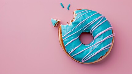 Stylish blue-iced doughnut with a bite taken, on a pink background. Simple and colorful design for food photography. Perfect for culinary blogs. AI