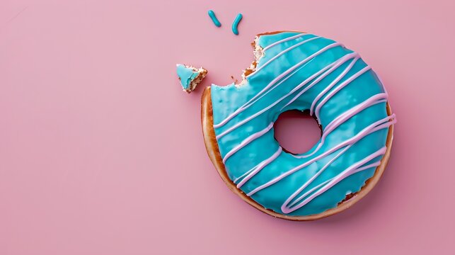 Stylish blue-iced doughnut with a bite taken, on a pink background. Simple and colorful design for food photography. Perfect for culinary blogs. AI