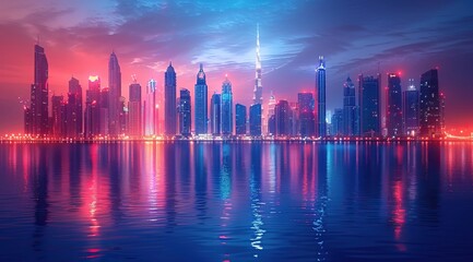 3d rendering of dubai skyline at night with reflection in the water. Bright neon lights and city skyscrapers at dusk. Digital illustration of modern architecture
