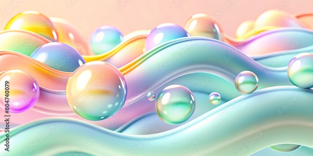 Poster colorful orbs floating on a soft wavy background ideal for engaging advertisements, interactive web 