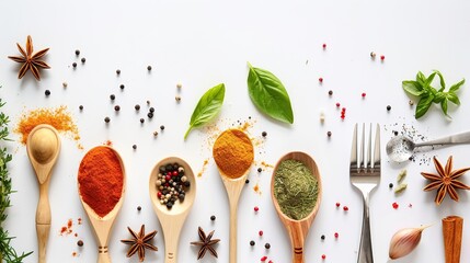 Food background with spices, herbs and utensil on white background. Generative Ai