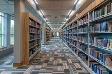 Modern library interior with natural light, featuring wood-tone shelves and geometric carpet, education themes or architectural designs.
